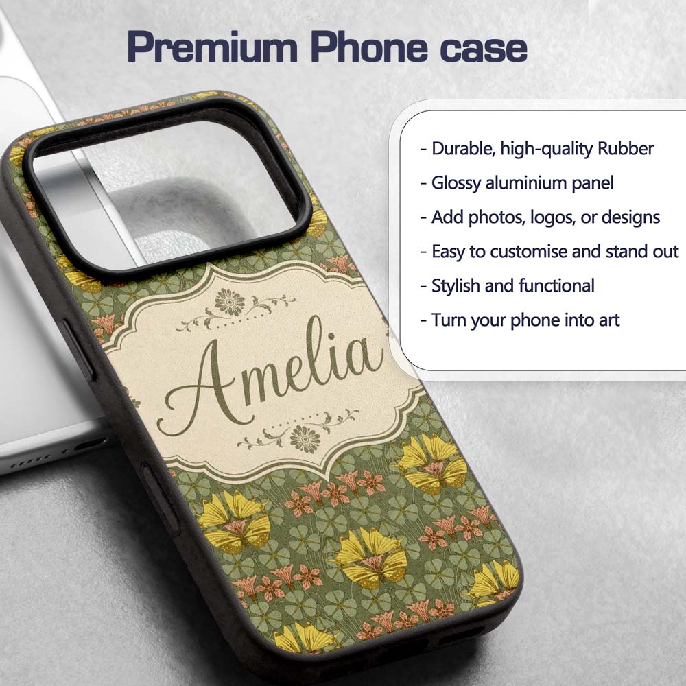 Art Nouveau Butterflies and Floral Printed Design Custom Name Protective Phone Case Mobile Cover Durable Everyday Smartphone Shock Resistant