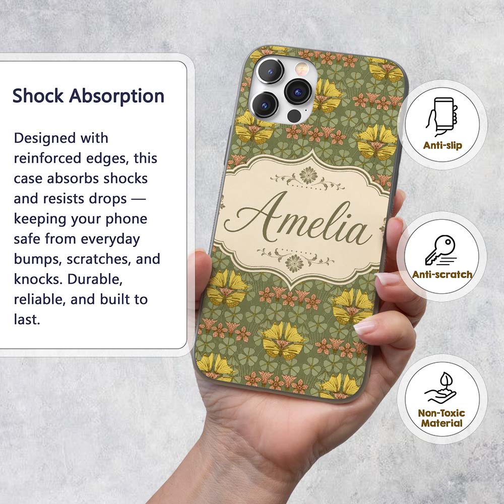 Art Nouveau Butterflies and Floral Printed Design Custom Name Protective Phone Case Mobile Cover Durable Everyday Smartphone Shock Resistant