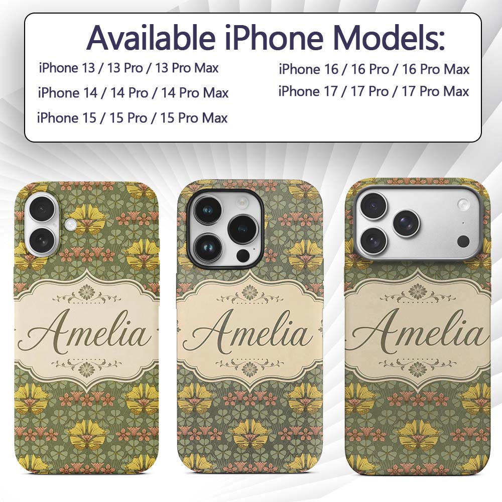 Art Nouveau Butterflies and Floral Printed Design Custom Name Protective Phone Case Mobile Cover Durable Everyday Smartphone Shock Resistant