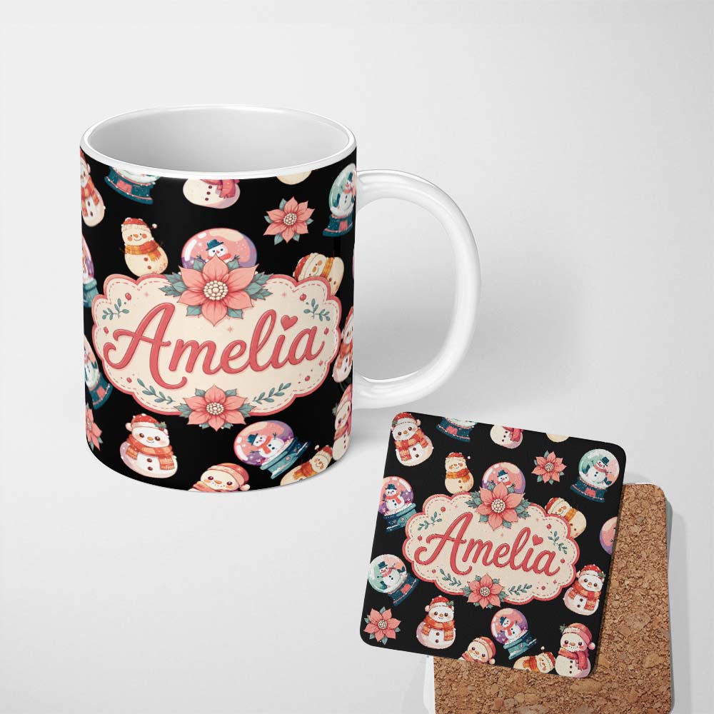 Personalized Custom Name Cute Snowman Snow Globe Poinsettia Flower Christmas Pattern Black 11oz Ceramic Coffee Tea Mug White Large Handle