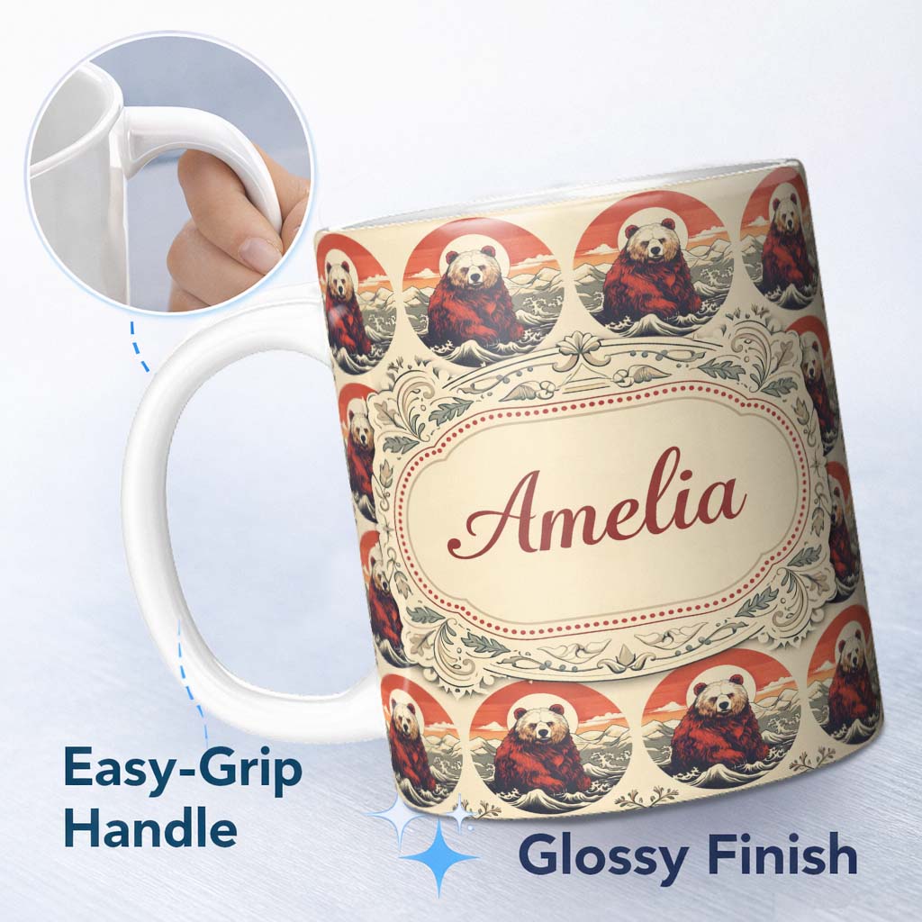 Personalized Custom Name Bear Mountain Circle Seamless Pattern Vintage Forest Wildlife Design 11oz Ceramic Coffee Tea Mug White Large Handle