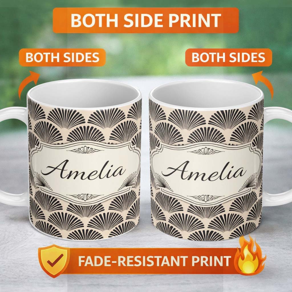 Personalized Custom Name Scallop Fan Shell Black Cream Art Deco Pattern Perfect Gift for Her 11oz Ceramic Coffee Tea Mug White Large Handle