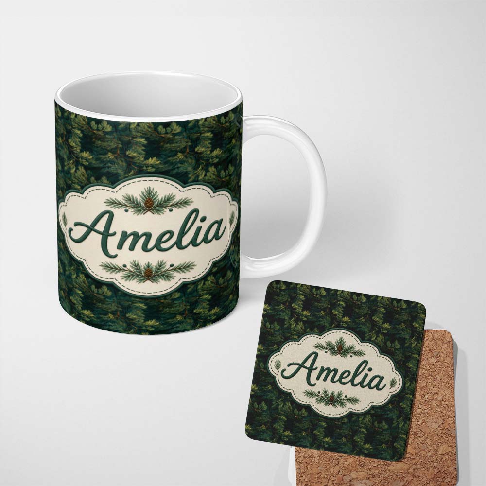 Personalized Custom Name Minimal Pine Needle Sprig Pattern on Light Background Lovely 11oz Ceramic Coffee Tea Mug White Large Handle