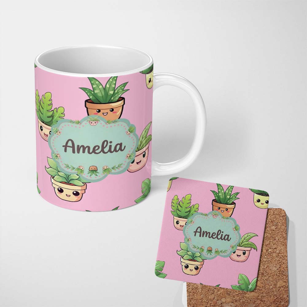 Personalized Custom Name Cute Kawaii Smiling Plant Pots Leaves Seamless Pattern Pink Lovely 11oz Ceramic Coffee Tea Mug White Large Handle