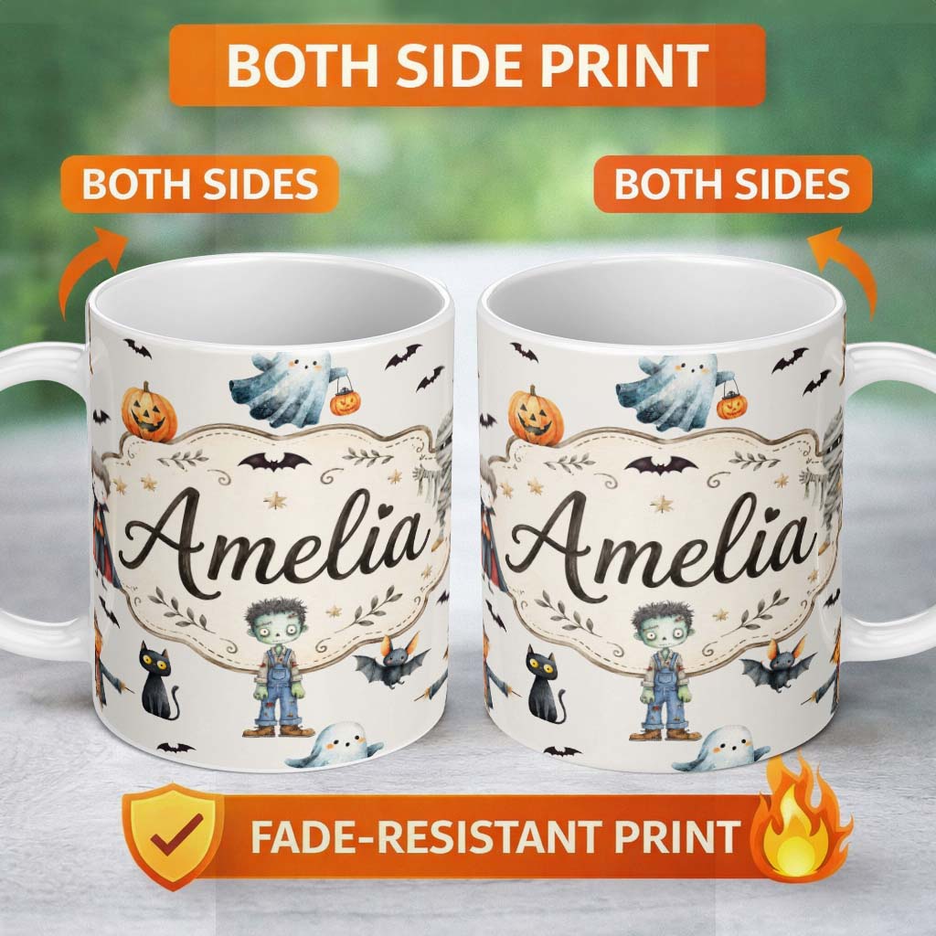 Personalized Custom Name Halloween Zombie Mummy Vampire Bat Spooky Light Grey Seamless 11oz Ceramic Coffee Tea Mug White Large Handle
