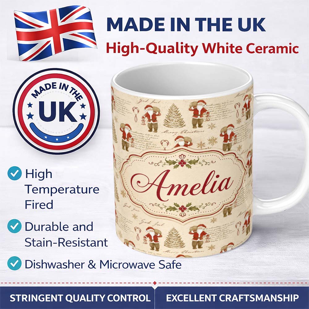 Personalized Custom Name Rustic Santa Claus Script Text Christmas Tree Seamless Pattern 11oz Ceramic Coffee Tea Mug White Large Handle