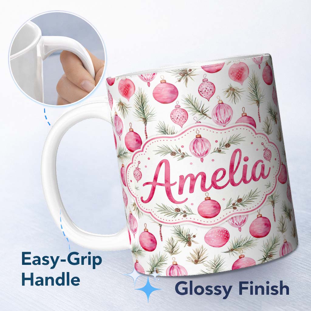 Personalized Custom Name Watercolor Pink Bauble Pine Branch Christmas Seamless Pattern Lovely 11oz Ceramic Coffee Tea Mug White Large Handle
