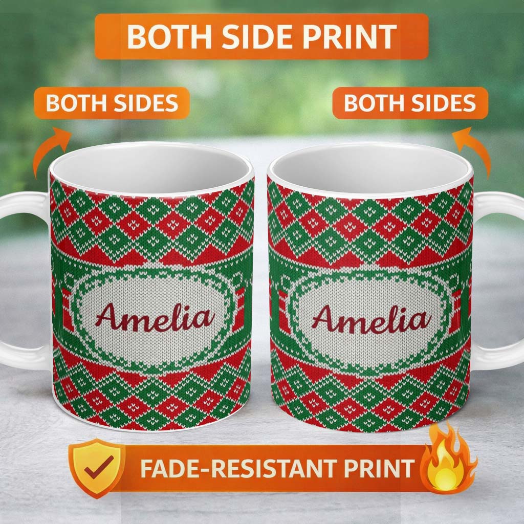 Personalized Custom Name Cute Green Red Knitted Gift Box Nordic Christmas Seamless Pattern 11oz Ceramic Coffee Tea Mug White Large Handle