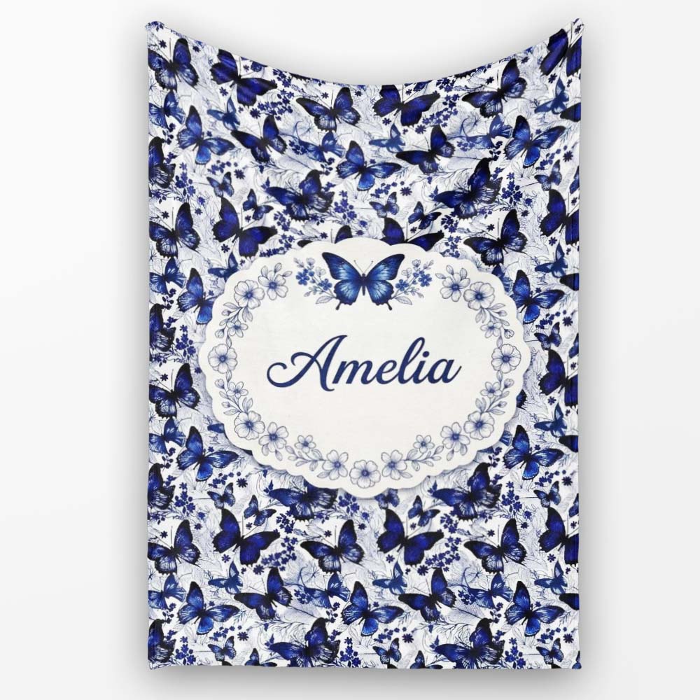 Blue Butterfly Garden Floral Detailed Seamless Pattern Lovely Personalised Custom Name Super Soft Fleece Blanket Bed Sofa Throw