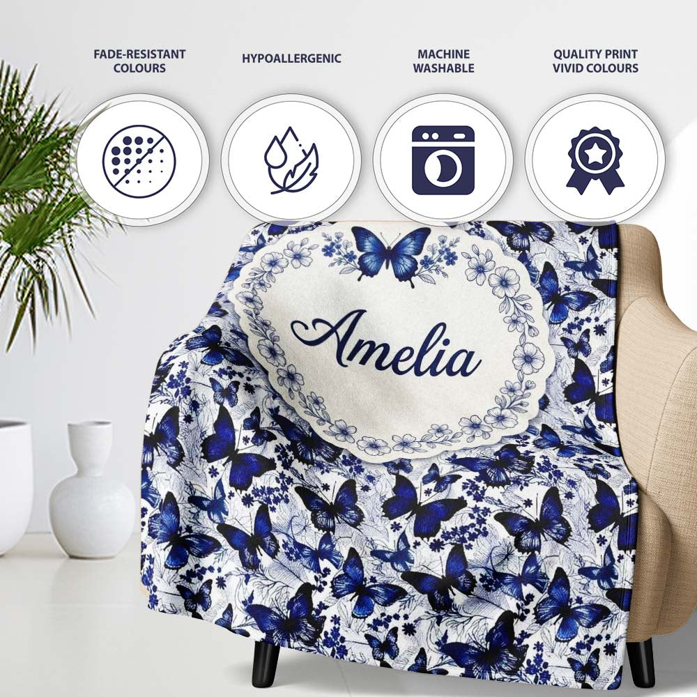 Blue Butterfly Garden Floral Detailed Seamless Pattern Lovely Personalised Custom Name Super Soft Fleece Blanket Bed Sofa Throw