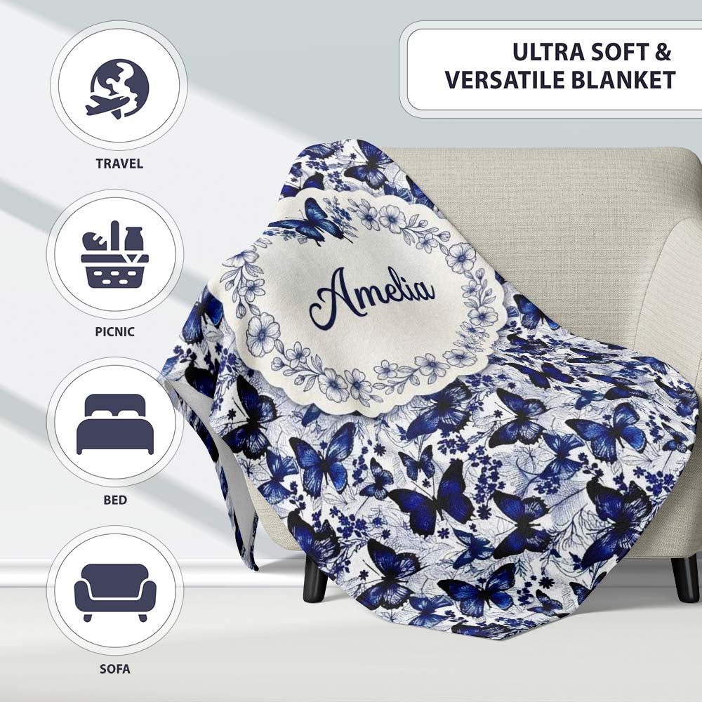 Blue Butterfly Garden Floral Detailed Seamless Pattern Lovely Personalised Custom Name Super Soft Fleece Blanket Bed Sofa Throw