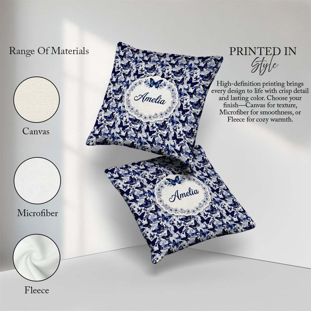 Custom Name Blue Butterfly Garden Floral Detailed Pattern Lovely Square Filled Cushion Throw Pillow Sofa Bed Home Decor Zip Washable UK Made