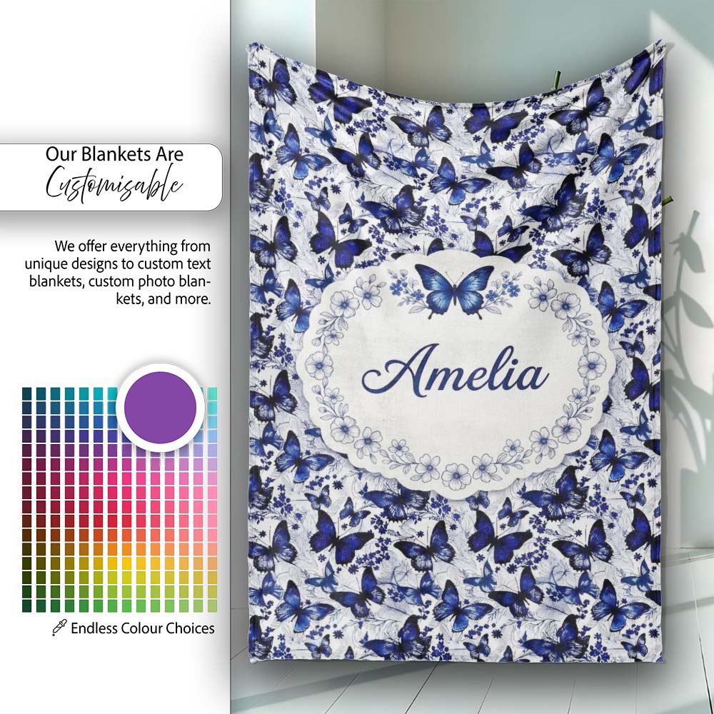 Blue Butterfly Garden Floral Detailed Seamless Pattern Lovely Personalised Custom Name Super Soft Fleece Blanket Bed Sofa Throw