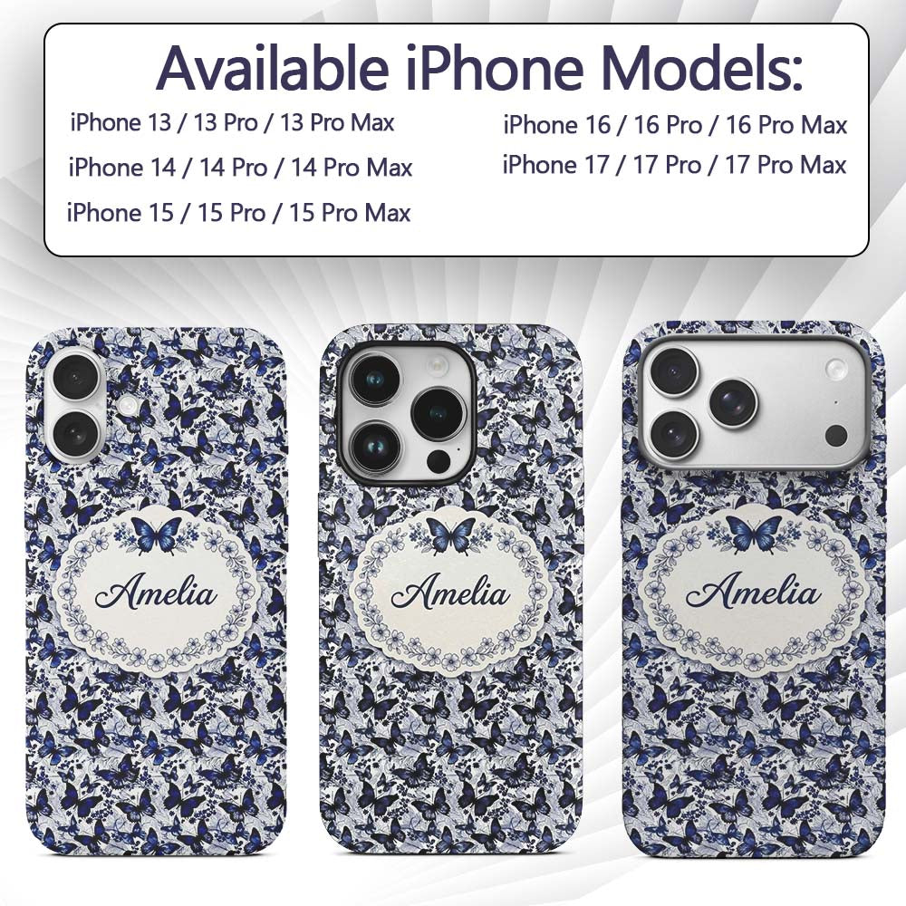 Blue Butterfly Garden Floral Detailed Seamless Custom Name Protective Phone Case Mobile Cover Durable Everyday Smartphone Shock Resistant