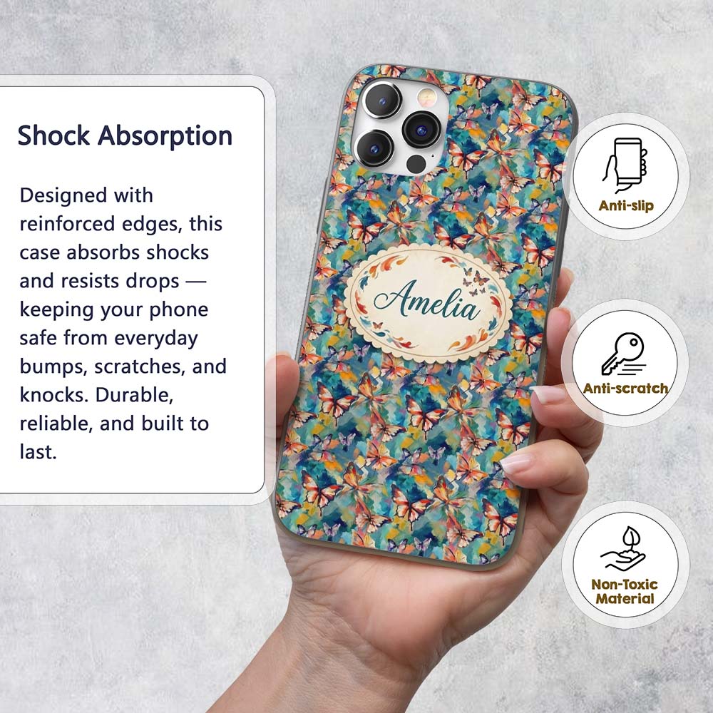 Colorful Painted Butterflies Abstract Artistic Custom Name Protective Phone Case Mobile Cover Durable Everyday Smartphone Shock Resistant