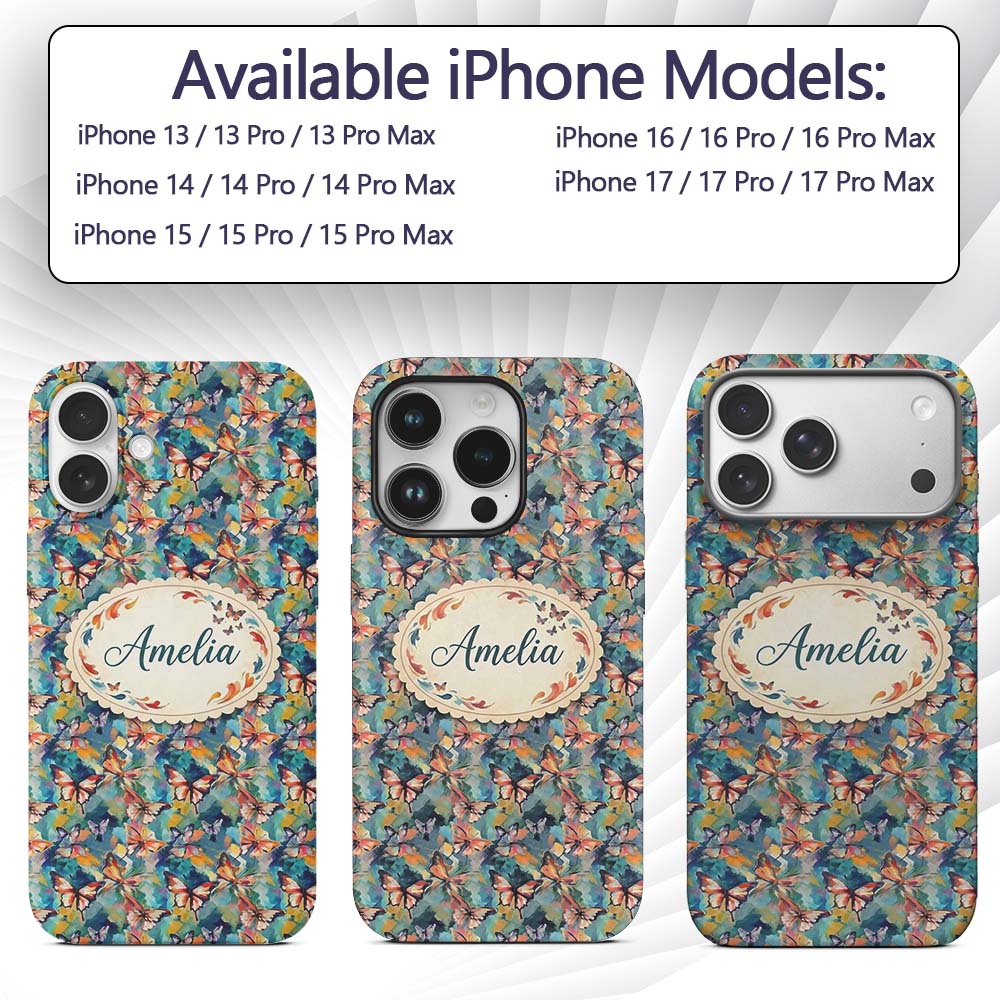 Colorful Painted Butterflies Abstract Artistic Custom Name Protective Phone Case Mobile Cover Durable Everyday Smartphone Shock Resistant