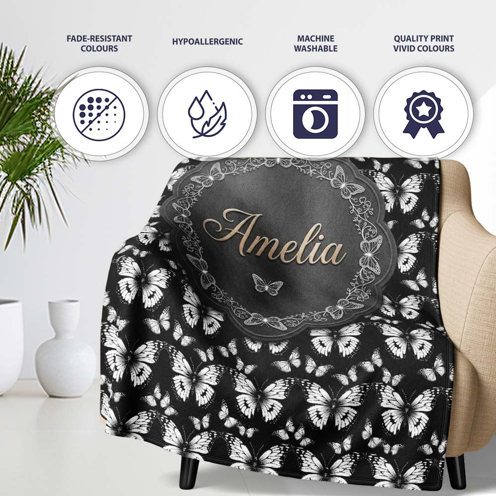 Black and White Butterfly Elegant Repeating Seamless Pattern Lovely Personalised Custom Name Super Soft Fleece Blanket Bed Sofa Throw