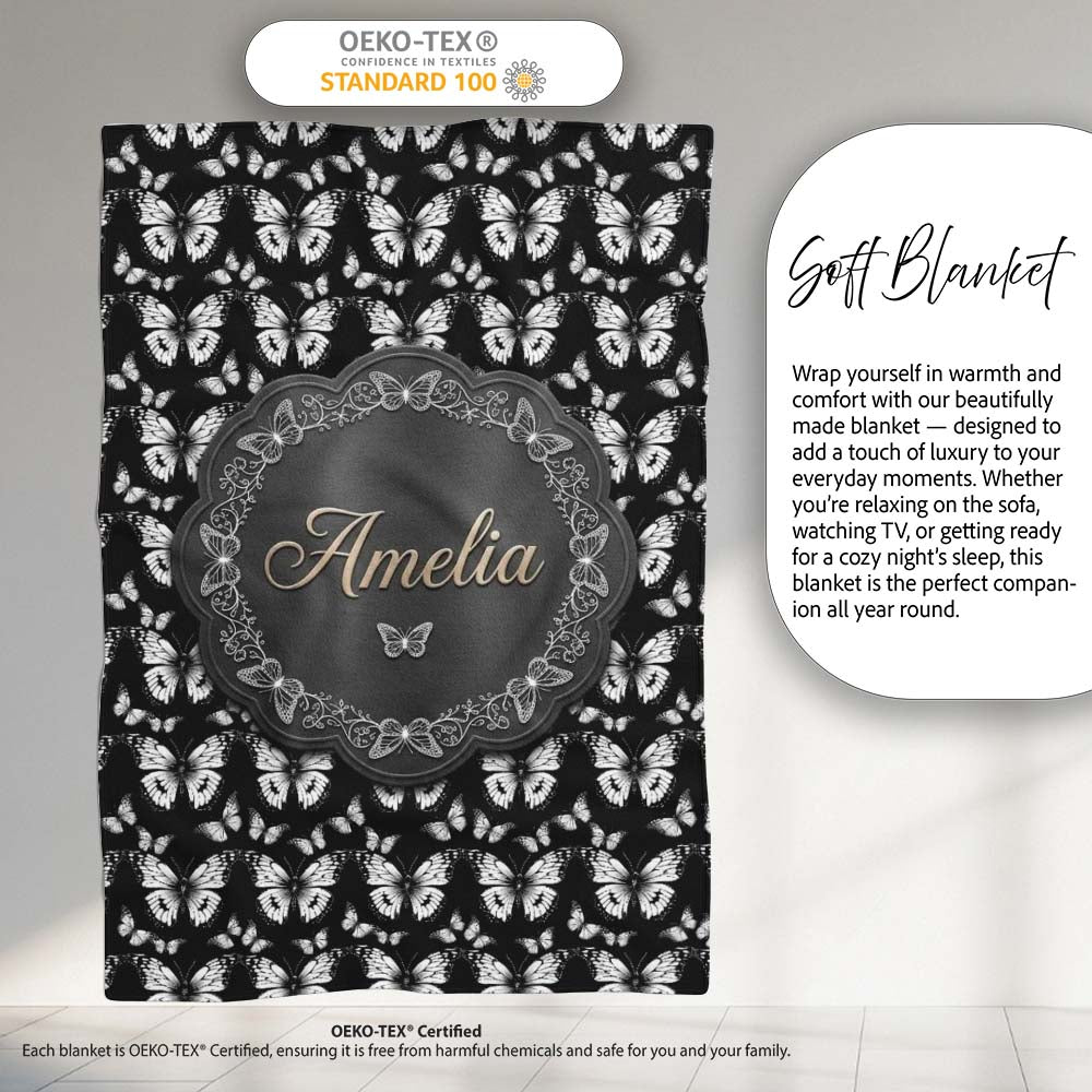 Black and White Butterfly Elegant Repeating Seamless Pattern Lovely Personalised Custom Name Super Soft Fleece Blanket Bed Sofa Throw