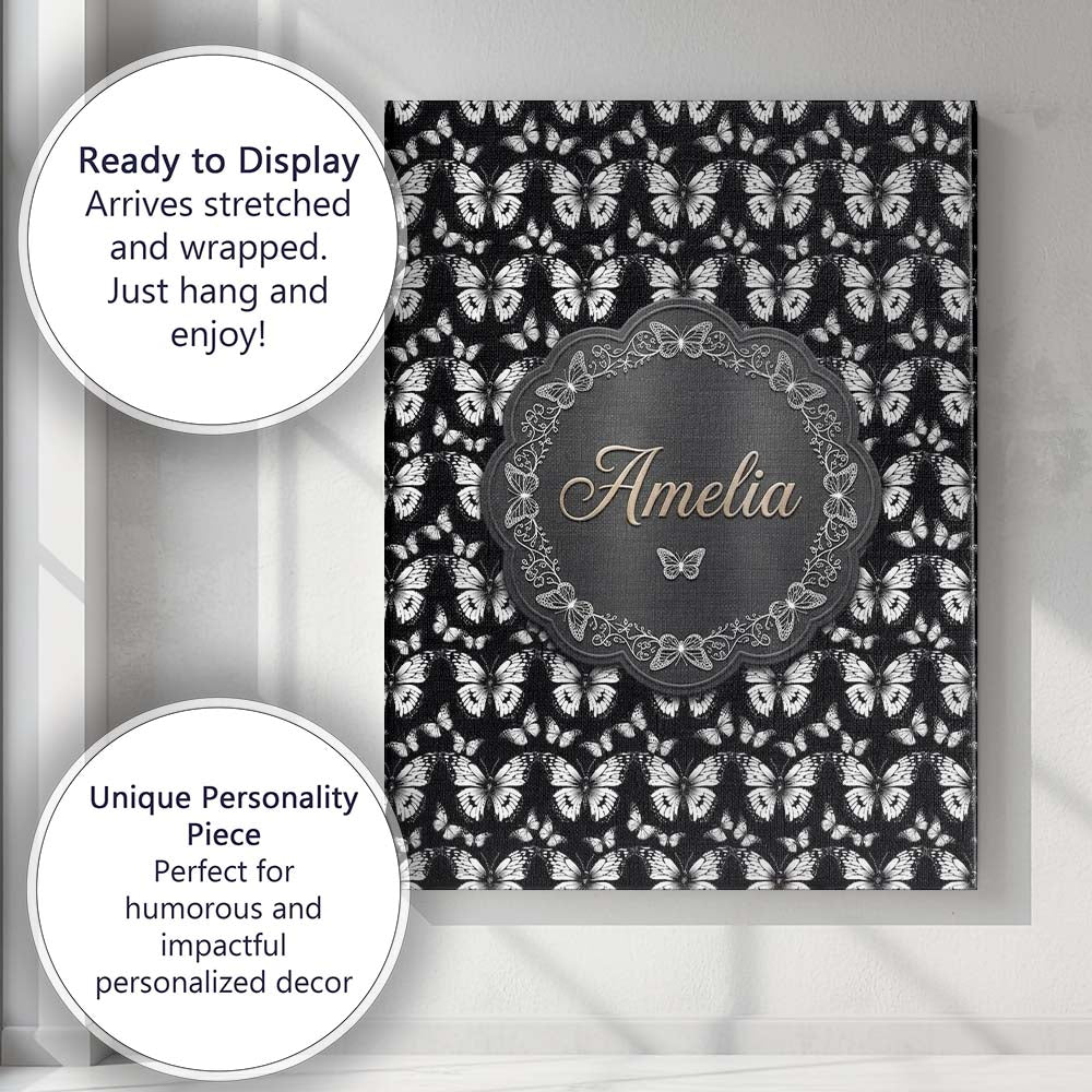 Personalised Name Black and White Butterfly Custom Bespoke Interior Contemporary Canvas Wall Art Print Decor Picture Ready to Hang