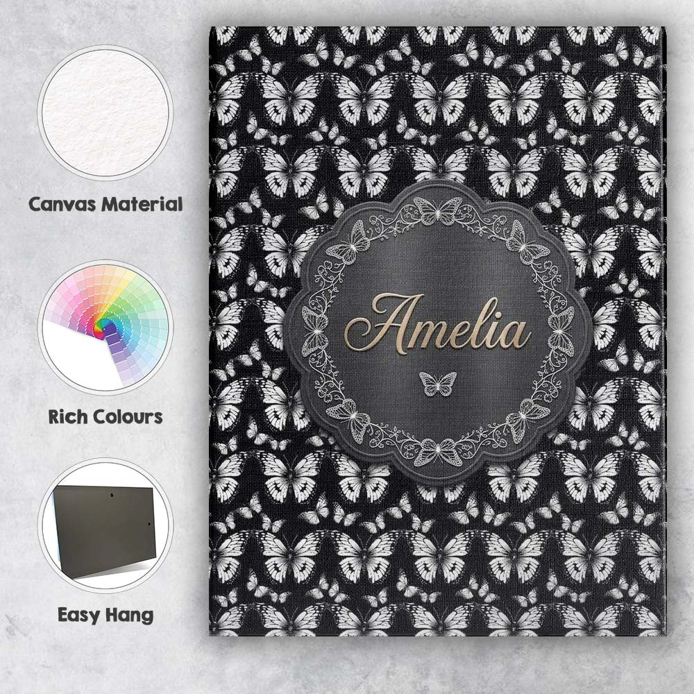 Personalised Name Black and White Butterfly Custom Bespoke Interior Contemporary Canvas Wall Art Print Decor Picture Ready to Hang