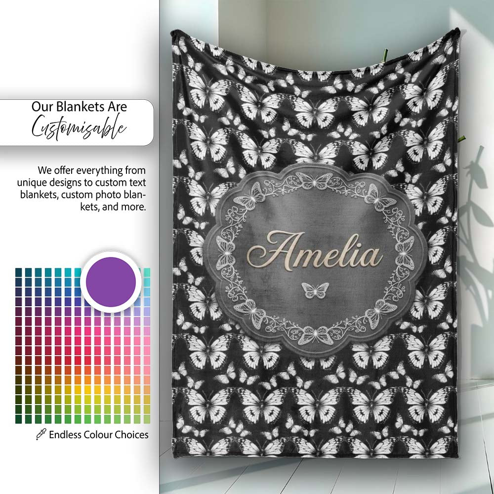 Black and White Butterfly Elegant Repeating Seamless Pattern Lovely Personalised Custom Name Super Soft Fleece Blanket Bed Sofa Throw