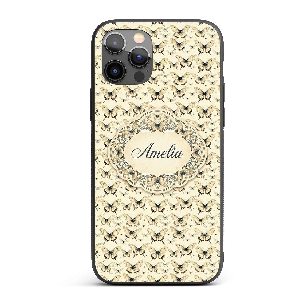 Vintage Sepia Butterfly Illustration Seamless Custom Name Protective Phone Case Mobile Cover Durable Everyday Smartphone Shock Resistant