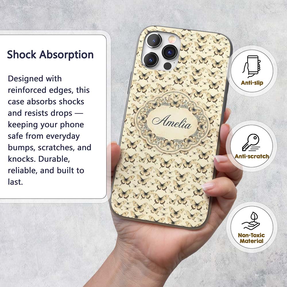 Vintage Sepia Butterfly Illustration Seamless Custom Name Protective Phone Case Mobile Cover Durable Everyday Smartphone Shock Resistant