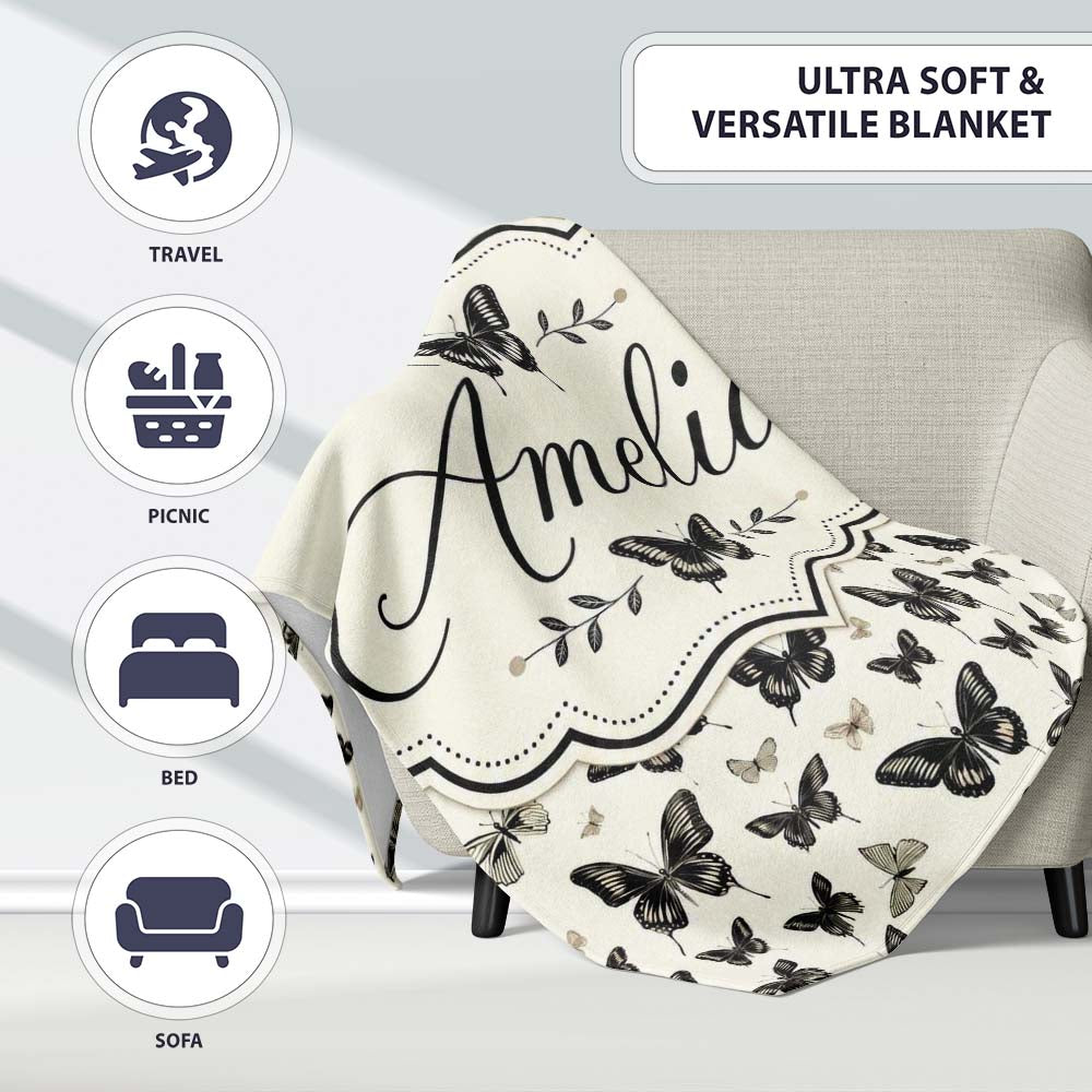 Black and White Butterfly Vintage Style Seamless Pattern Lovely Personalised Custom Name Super Soft Fleece Blanket Bed Sofa Throw