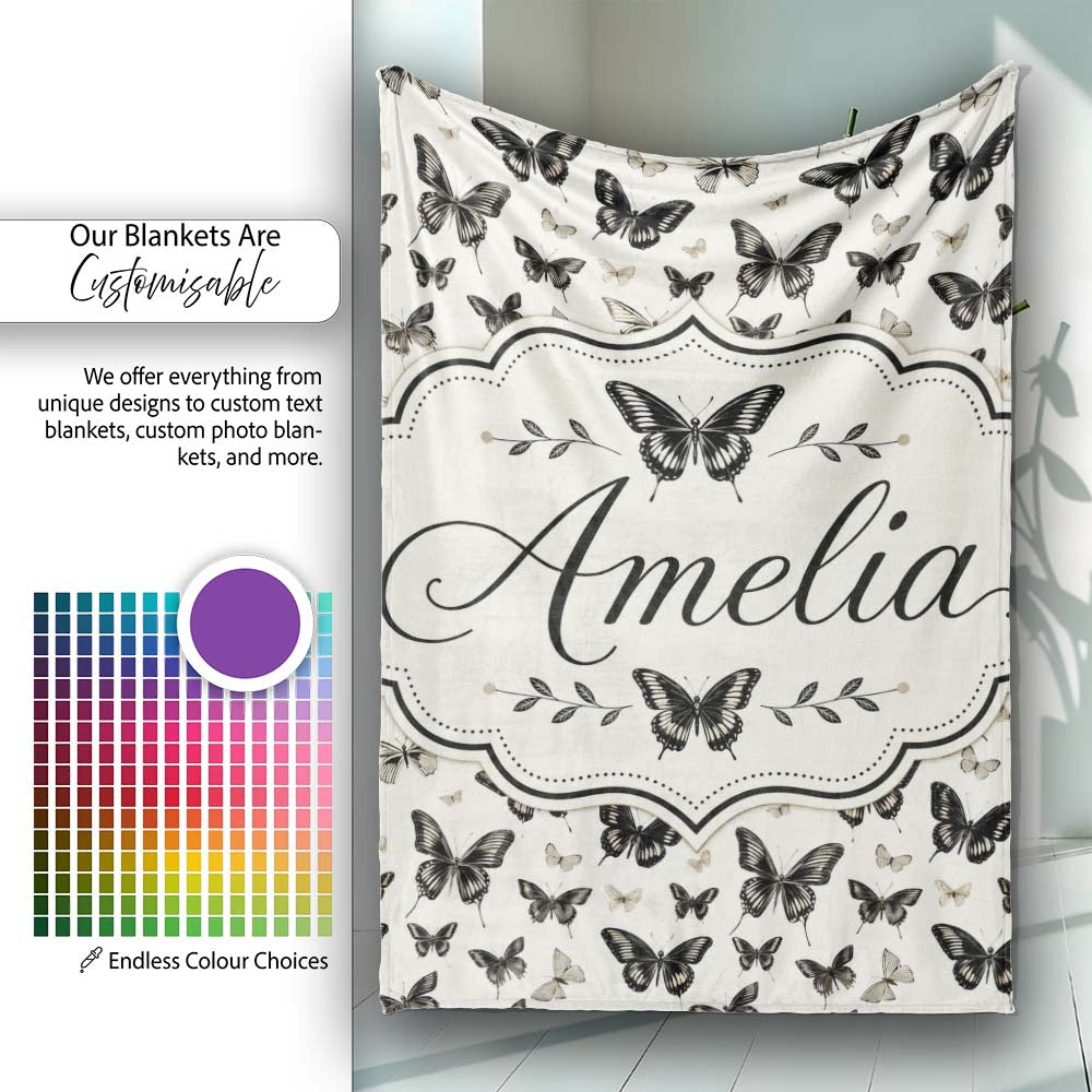 Black and White Butterfly Vintage Style Seamless Pattern Lovely Personalised Custom Name Super Soft Fleece Blanket Bed Sofa Throw
