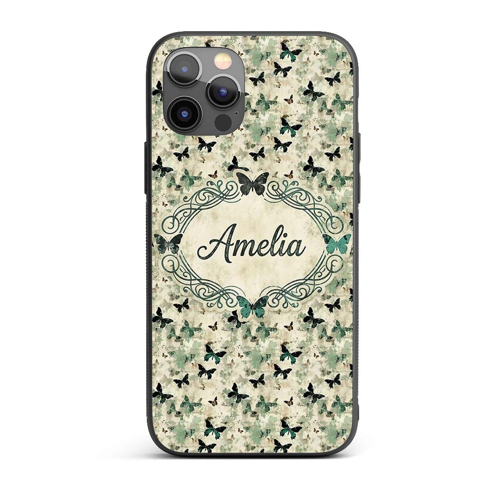 Grunge Green Butterfly Artistic Texture Seamless Custom Name Protective Phone Case Mobile Cover Durable Everyday Smartphone Shock Resistant