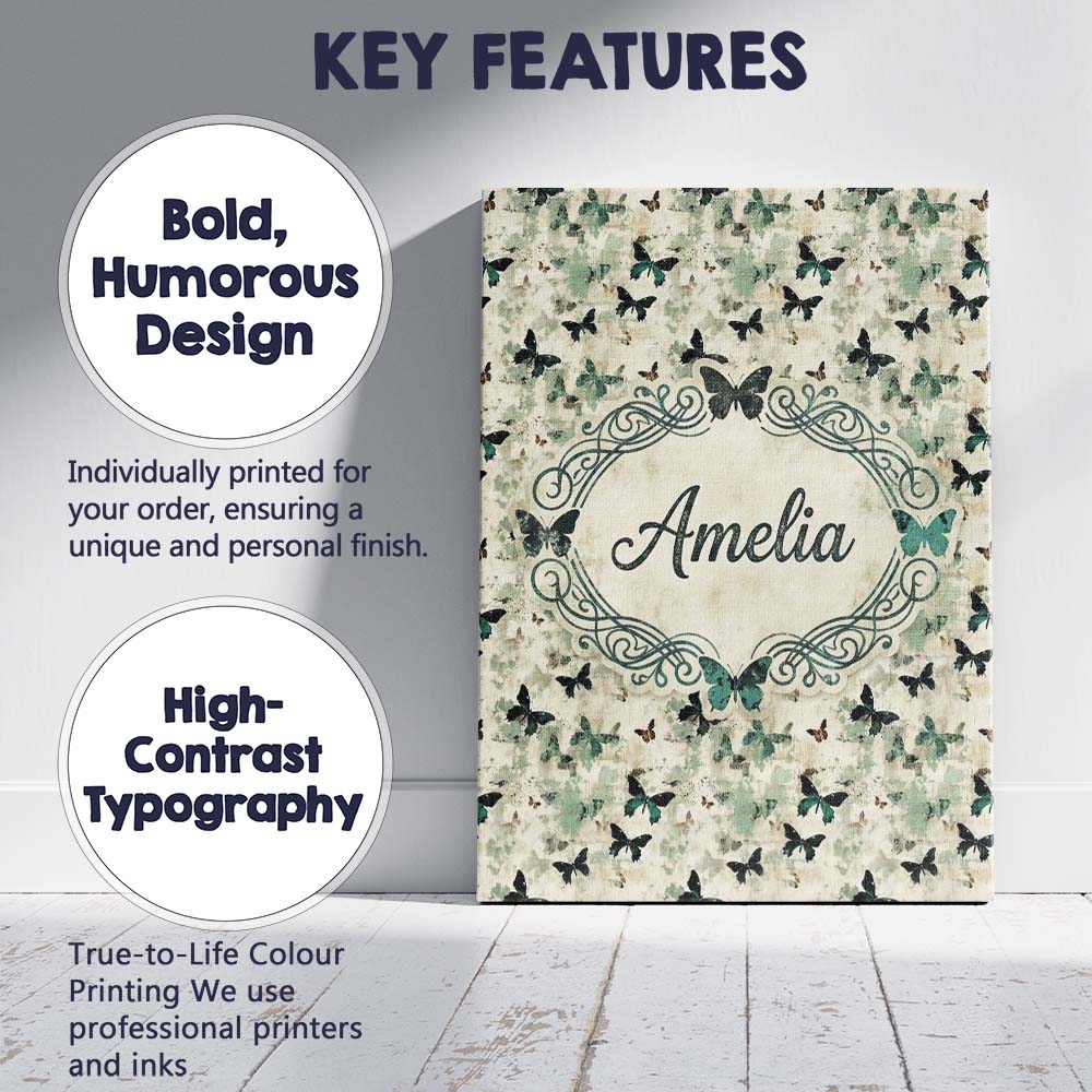 Personalised Name Grunge Green Butterfly Custom Unique Gift Idea Elegant Feature Canvas Wall Art Print Decor Picture Ready to Hang