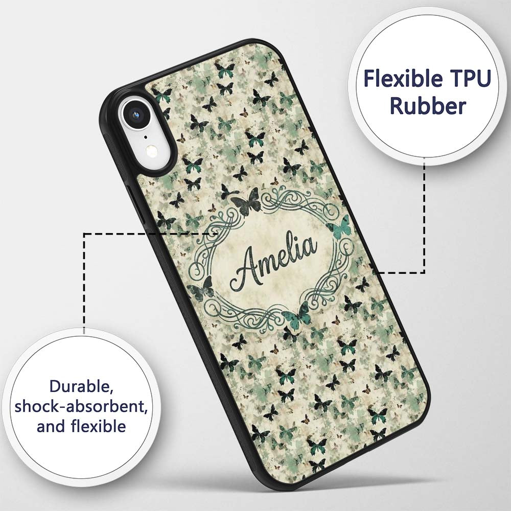 Grunge Green Butterfly Artistic Texture Seamless Custom Name Protective Phone Case Mobile Cover Durable Everyday Smartphone Shock Resistant