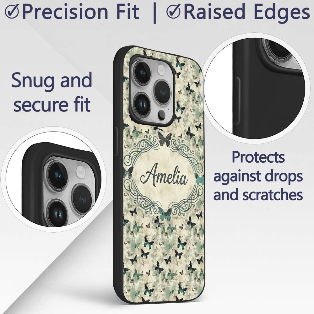 Grunge Green Butterfly Artistic Texture Seamless Custom Name Protective Phone Case Mobile Cover Durable Everyday Smartphone Shock Resistant