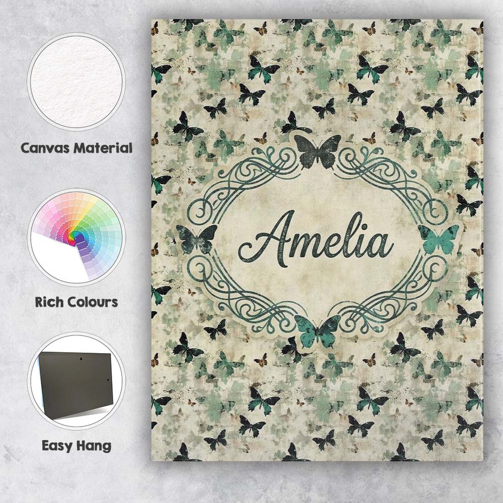 Personalised Name Grunge Green Butterfly Custom Unique Gift Idea Elegant Feature Canvas Wall Art Print Decor Picture Ready to Hang