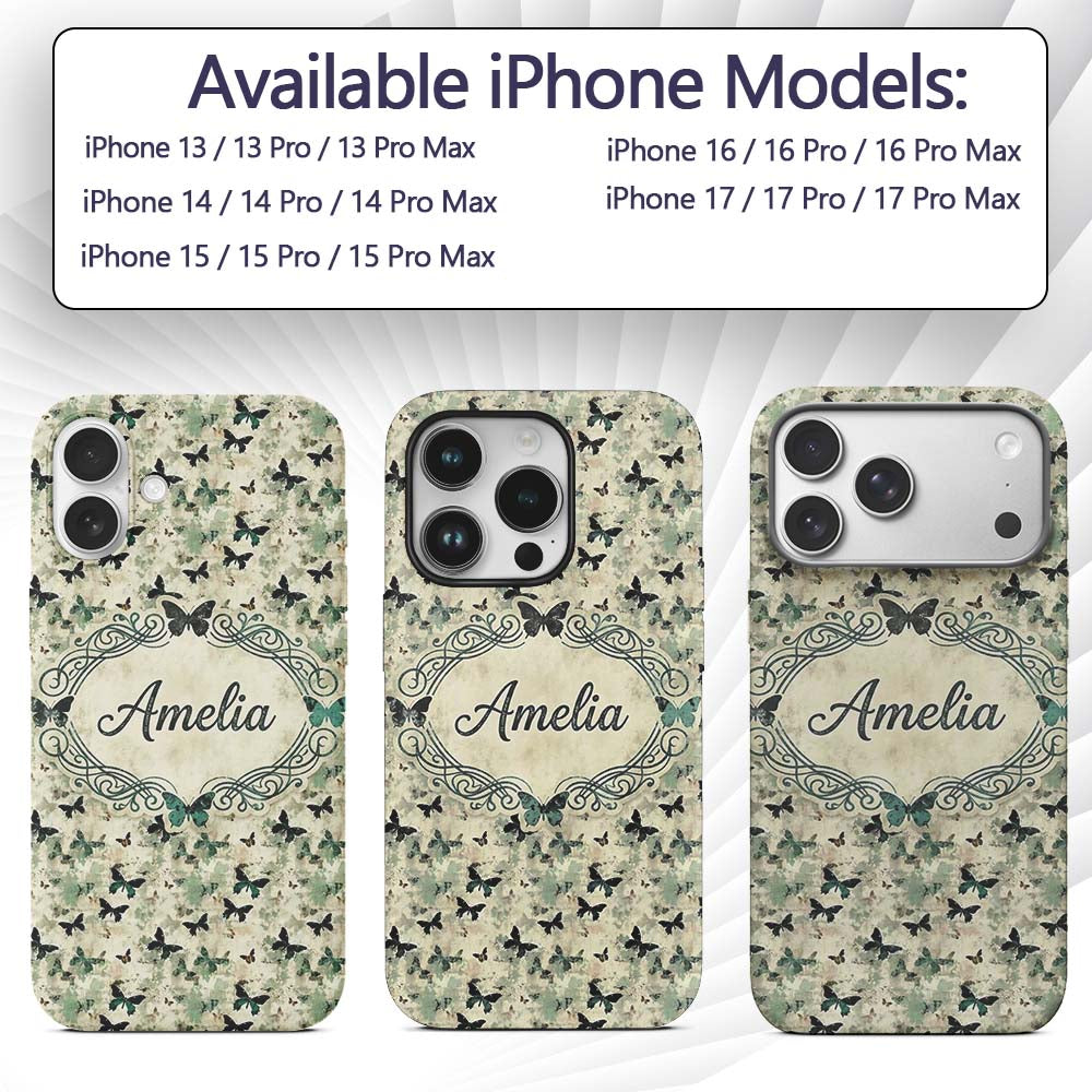 Grunge Green Butterfly Artistic Texture Seamless Custom Name Protective Phone Case Mobile Cover Durable Everyday Smartphone Shock Resistant