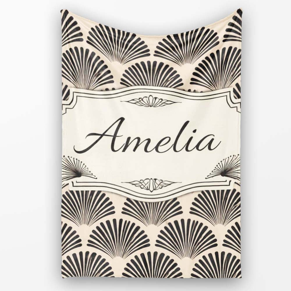 Scallop Fan Shell Black Cream Art Deco Pattern Perfect Gift for Her Personalised Custom Name Super Soft Fleece Blanket Bed Sofa Throw