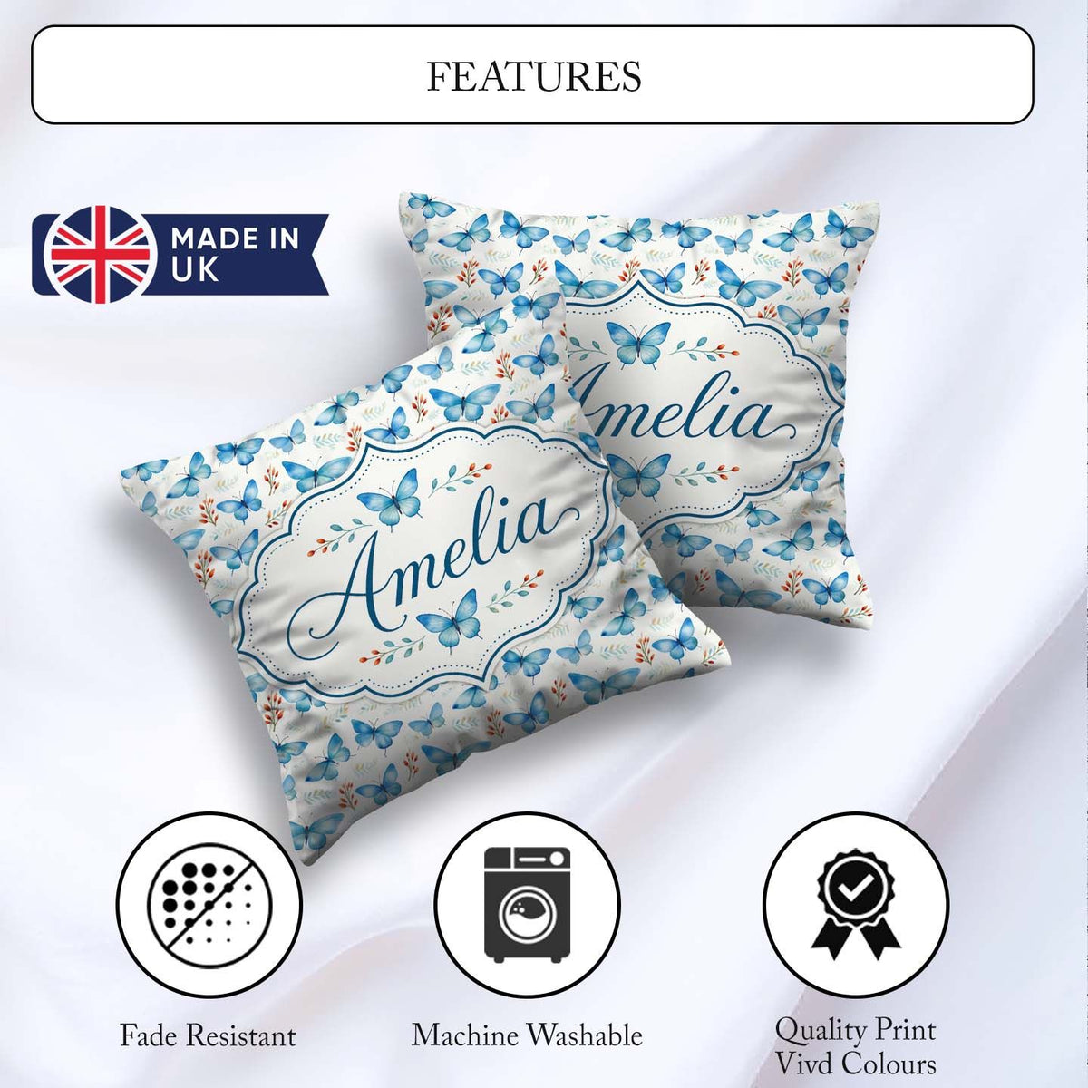 Custom Name Blue Butterfly Watercolor Delicate Seamless Pattern Square Filled Cushion Throw Pillow Sofa Bed Home Decor Zip Washable UK Made