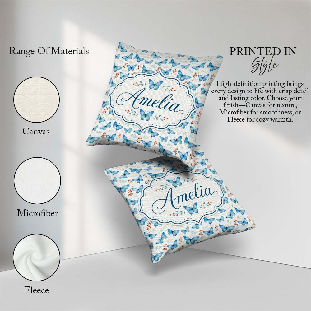 Custom Name Blue Butterfly Watercolor Delicate Seamless Pattern Square Filled Cushion Throw Pillow Sofa Bed Home Decor Zip Washable UK Made
