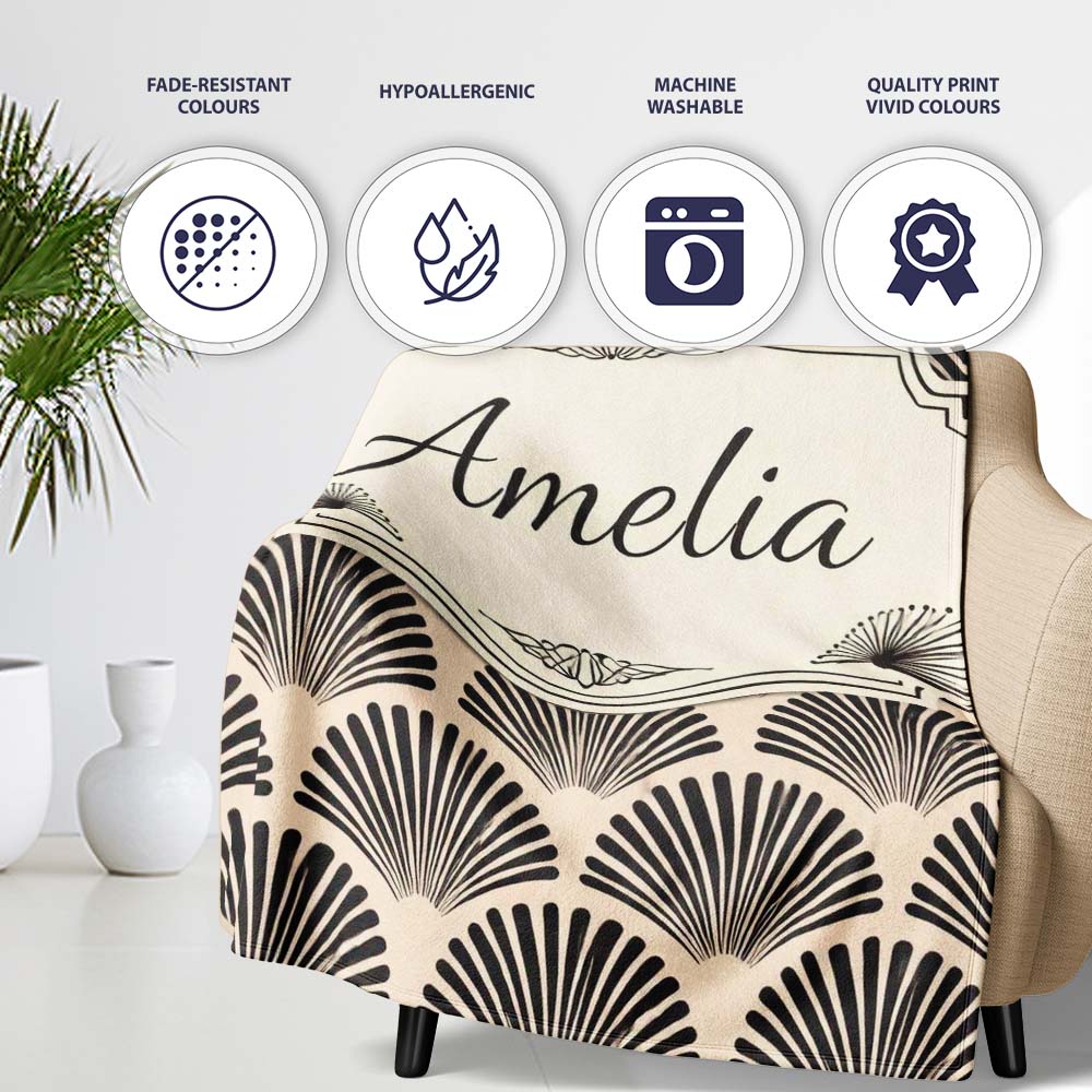 Scallop Fan Shell Black Cream Art Deco Pattern Perfect Gift for Her Personalised Custom Name Super Soft Fleece Blanket Bed Sofa Throw