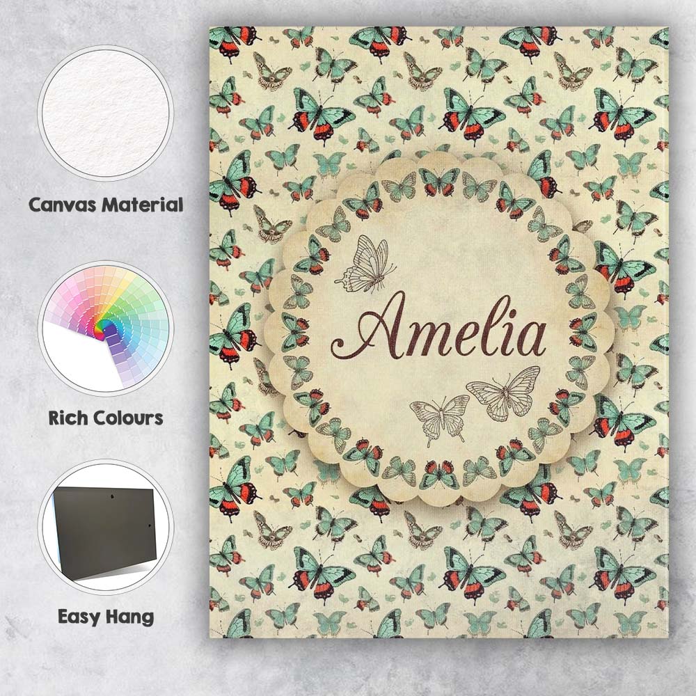 Personalised Name Teal and Coral Butterfly Custom Unique Gift Idea Elegant Feature Canvas Wall Art Print Decor Picture Ready to Hang