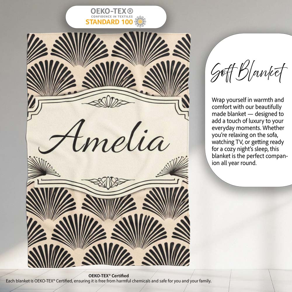 Scallop Fan Shell Black Cream Art Deco Pattern Perfect Gift for Her Personalised Custom Name Super Soft Fleece Blanket Bed Sofa Throw