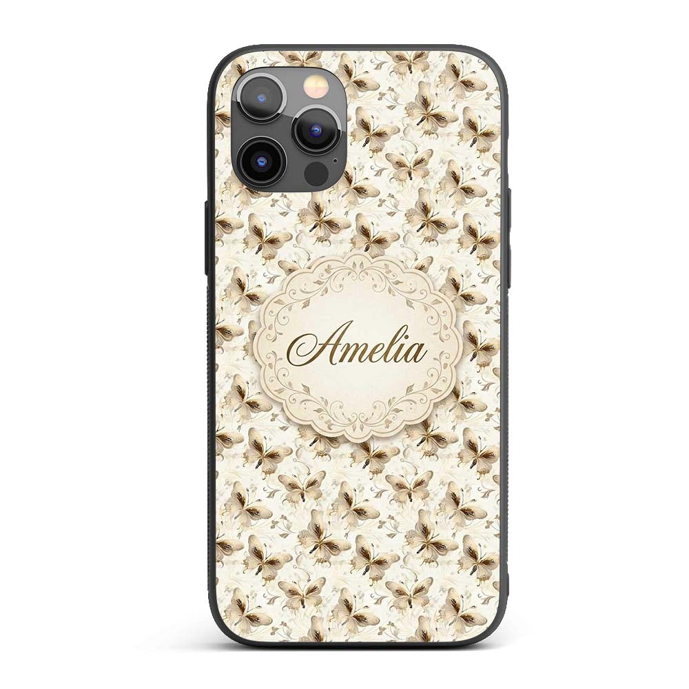 Elegant Gold Butterfly Floral Decorative Seamless Custom Name Protective Phone Case Mobile Cover Durable Everyday Smartphone Shock Resistant