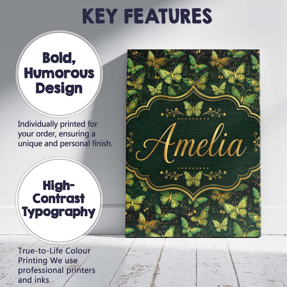 Personalised Name Green and Gold Butterfly Custom Unique Gift Idea Elegant Feature Canvas Wall Art Print Decor Picture Ready to Hang