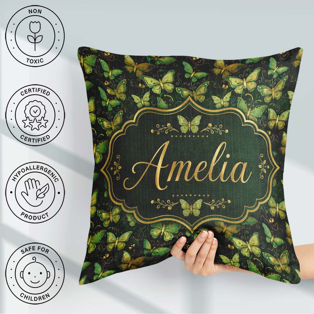 Custom Name Green and Gold Butterfly Ornamental Seamless Pattern Square Filled Cushion Throw Pillow Sofa Bed Home Decor Zip Washable UK Made