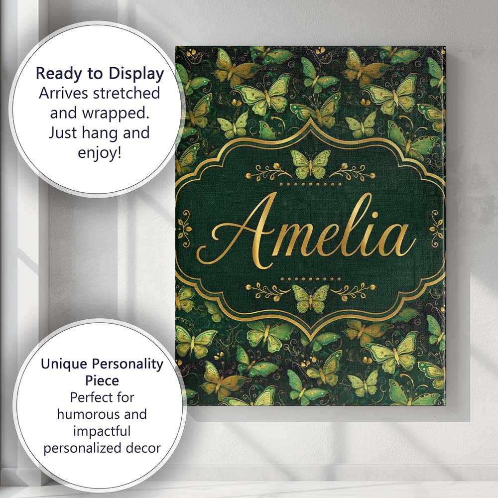 Personalised Name Green and Gold Butterfly Custom Unique Gift Idea Elegant Feature Canvas Wall Art Print Decor Picture Ready to Hang
