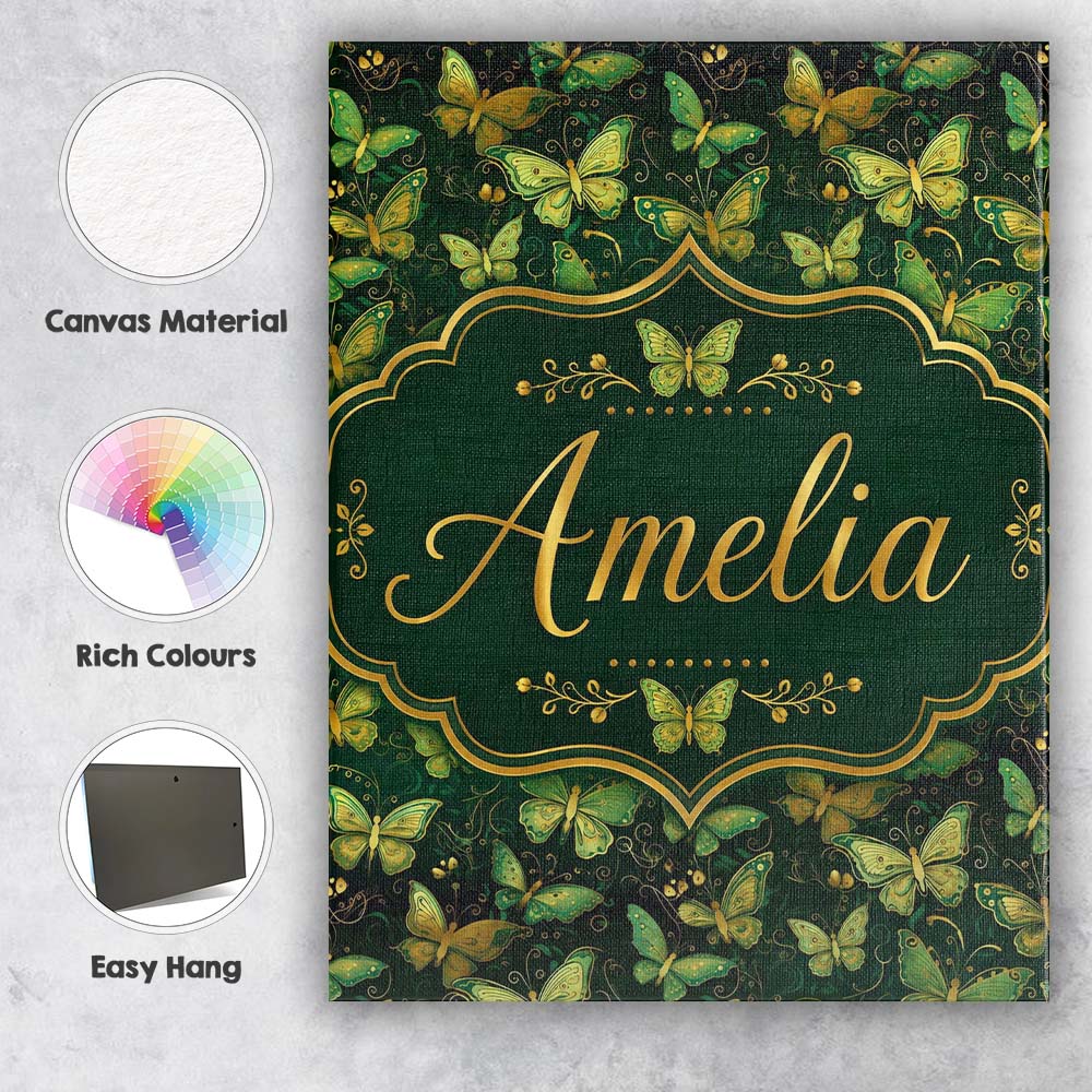 Personalised Name Green and Gold Butterfly Custom Unique Gift Idea Elegant Feature Canvas Wall Art Print Decor Picture Ready to Hang