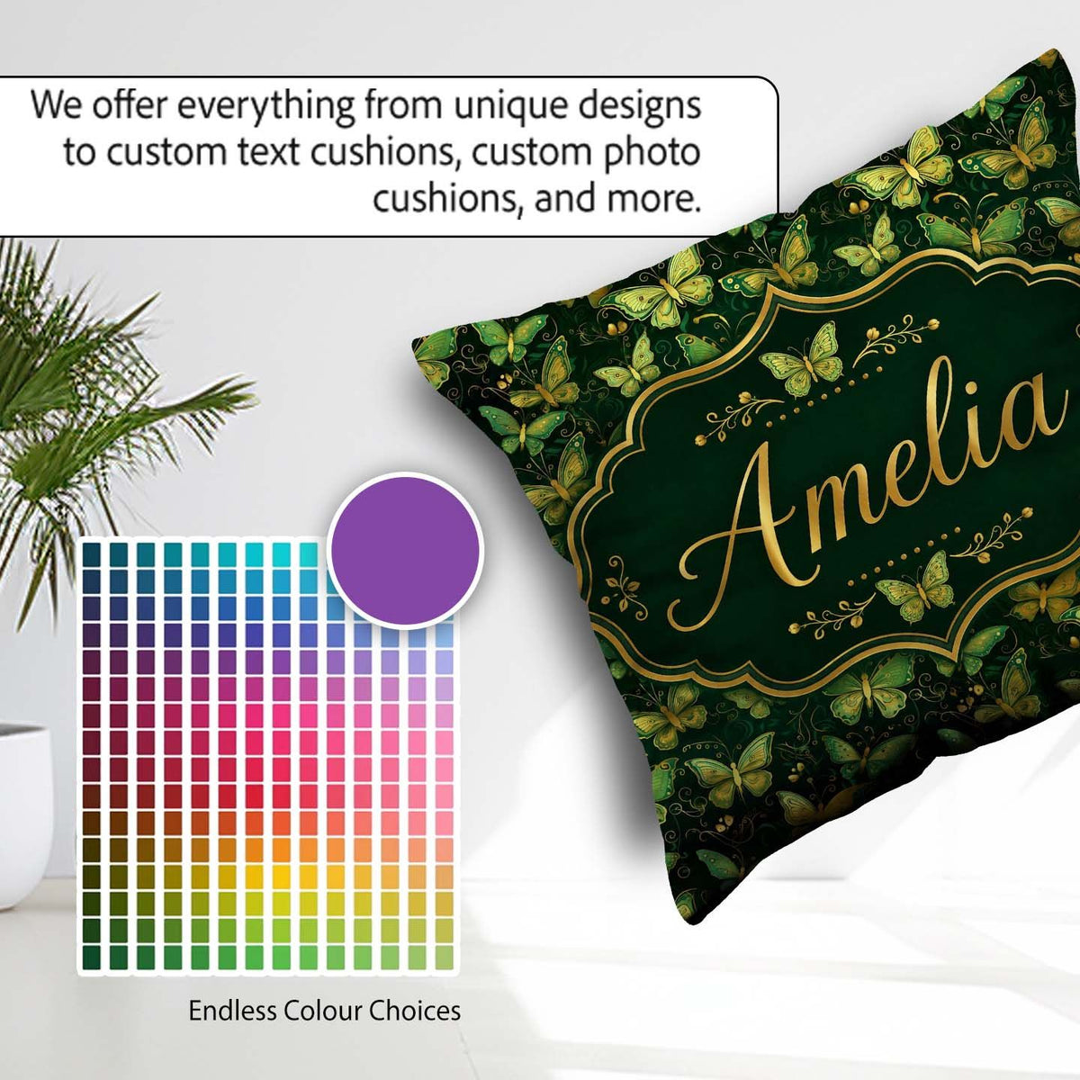 Custom Name Green and Gold Butterfly Ornamental Seamless Pattern Square Filled Cushion Throw Pillow Sofa Bed Home Decor Zip Washable UK Made