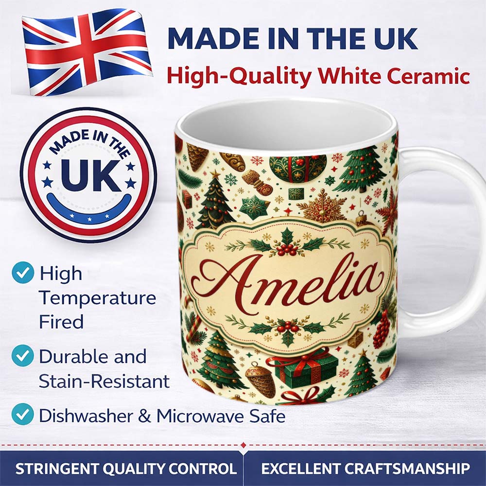 Personalized Custom Name Traditional Christmas Tree Ornaments Candy Canes Festive Design 11oz Ceramic Coffee Tea Mug White Large Handle