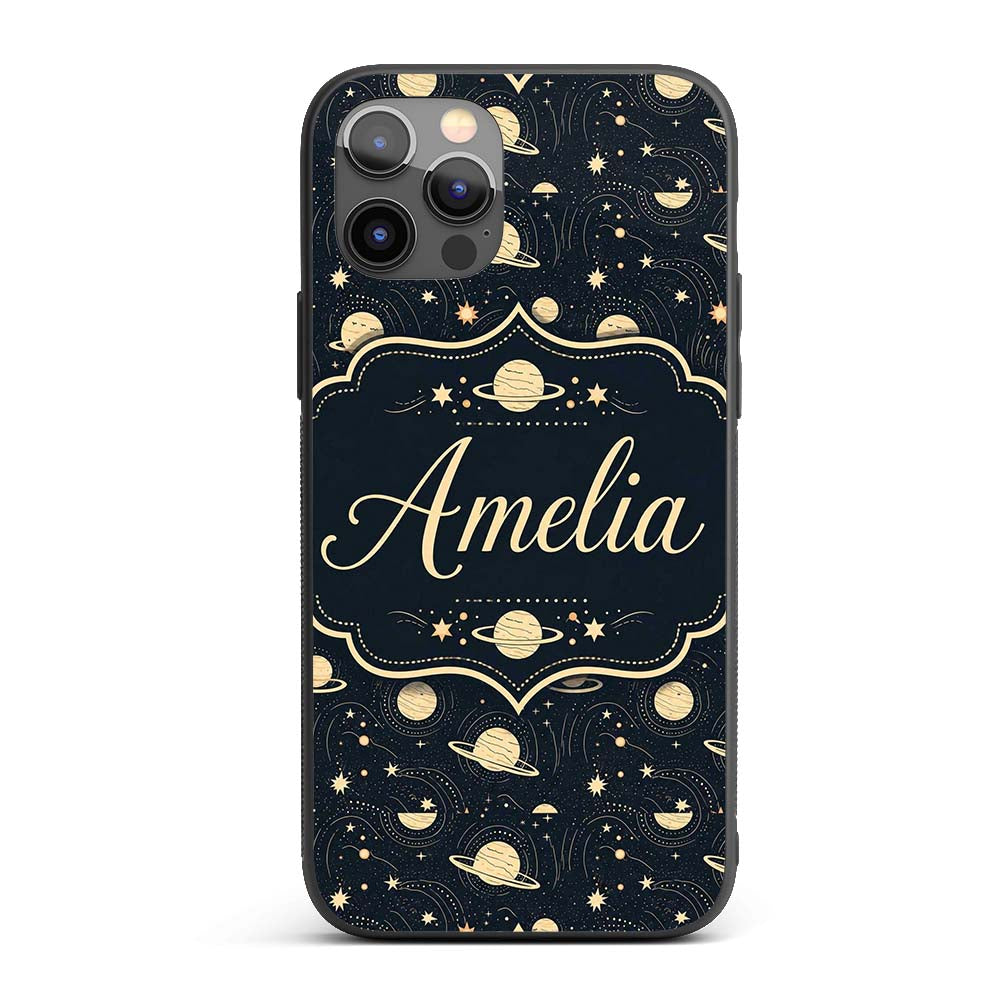 Celestial Planets Stars Orbit Line Art Seamless Custom Name Protective Phone Case Mobile Cover Durable Everyday Smartphone Shock Resistant