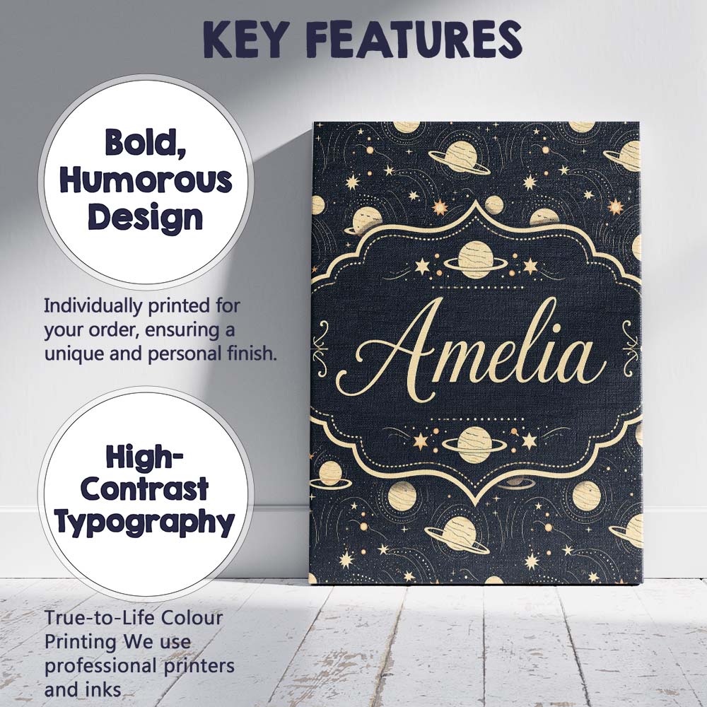 Personalised Name Celestial Planets Stars Custom Unique Gift Idea Elegant Feature Canvas Wall Art Print Decor Picture Ready to Hang
